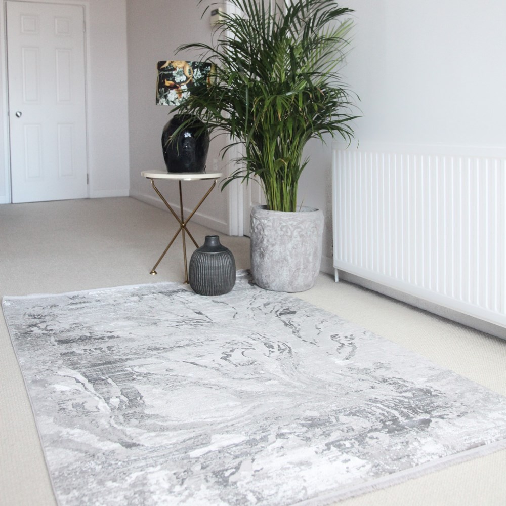 Luxury Toros Abyss Marble Rug In Frost Grey